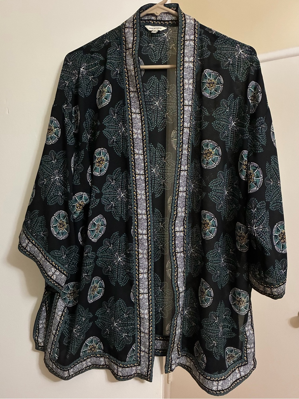Max Studio Black Patterned Open-Front Kimono Cover Up - M